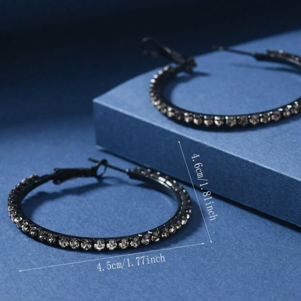 Classic Elegant Rhinestone Black Round Hoop Earrings - Picture 2 of 10